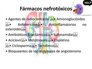 Fármacos nefrotóxicos
• Agentes de radiocontraste • Amionoglucósidos
• Anfotericina • Antiinflamatorios no
esteroides
• Antibióticos ß lactámicos • Sufonamidas
• Aciclovir • Metotrexate • Cisplatino
• Ciclosporina • Tacrolimus
• Bloqueantes de los receptores de angiotensina
 