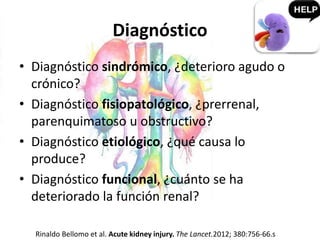 Diagnóstico
• Diagnóstico sindrómico, ¿deterioro agudo o
crónico?
• Diagnóstico fisiopatológico, ¿prerrenal,
parenquimatoso u obstructivo?
• Diagnóstico etiológico, ¿qué causa lo
produce?
• Diagnóstico funcional, ¿cuánto se ha
deteriorado la función renal?
Rinaldo Bellomo et al. Acute kidney injury. The Lancet.2012; 380:756-66.s
 