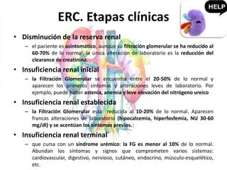ERC. Etapas clínicas
• Disminución de la reserva renal
– el paciente es asintomático, aunque su filtración glomerular se ha reducido al
60-70% de lo normal, la única alteración de laboratorio es la reducción del
clearance de creatinina.
• Insuficiencia renal inicial
– la Filtración Glomerular se encuentra entre el 20-50% de lo normal y
aparecen los primeros síntomas y alteraciones leves de laboratorio. Por
ejemplo, puede haber astenia, anemia y leve elevación del nitrógeno ureico
• Insuficiencia renal establecida
– la Filtración Glomerular está reducida al 10-20% de lo normal. Aparecen
francas alteraciones de laboratorio (hipocalcemia, hiperfosfemia, NU 30-60
mg/dl) y se acentúan los síntomas previos.
• Insuficiencia renal terminal
– que cursa con un síndrome urémico: la FG es menor al 10% de lo normal.
Abundan los síntomas y signos que comprometen varios sistemas:
cardiovascular, digestivo, nervioso, cutáneo, endocrino, músculo-esquelético,
etc.
 