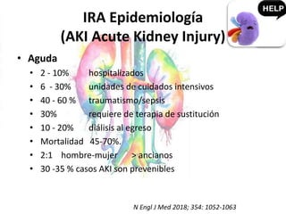 IRA Epidemiología
(AKI Acute Kidney Injury)
• Aguda
• 2 - 10% hospitalizados
• 6 - 30% unidades de cuidados intensivos
• 40 - 60 % traumatismo/sepsis
• 30% requiere de terapia de sustitución
• 10 - 20% diálisis al egreso
• Mortalidad 45-70%.
• 2:1 hombre-mujer > ancianos
• 30 -35 % casos AKI son prevenibles
N Engl J Med 2018; 354: 1052-1063
 