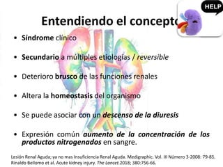 Entendiendo el concepto
• Síndrome clínico
• Secundario a múltiples etiologías / reversible
• Deterioro brusco de las funciones renales
• Altera la homeostasis del organismo
• Se puede asociar con un descenso de la diuresis
• Expresión común aumento de la concentración de los
productos nitrogenados en sangre.
Lesión Renal Aguda; ya no mas Insuficiencia Renal Aguda. Medigraphic. Vol. III Número 3-2008: 79-85.
Rinaldo Bellomo et al. Acute kidney injury. The Lancet.2018; 380:756-66.
 