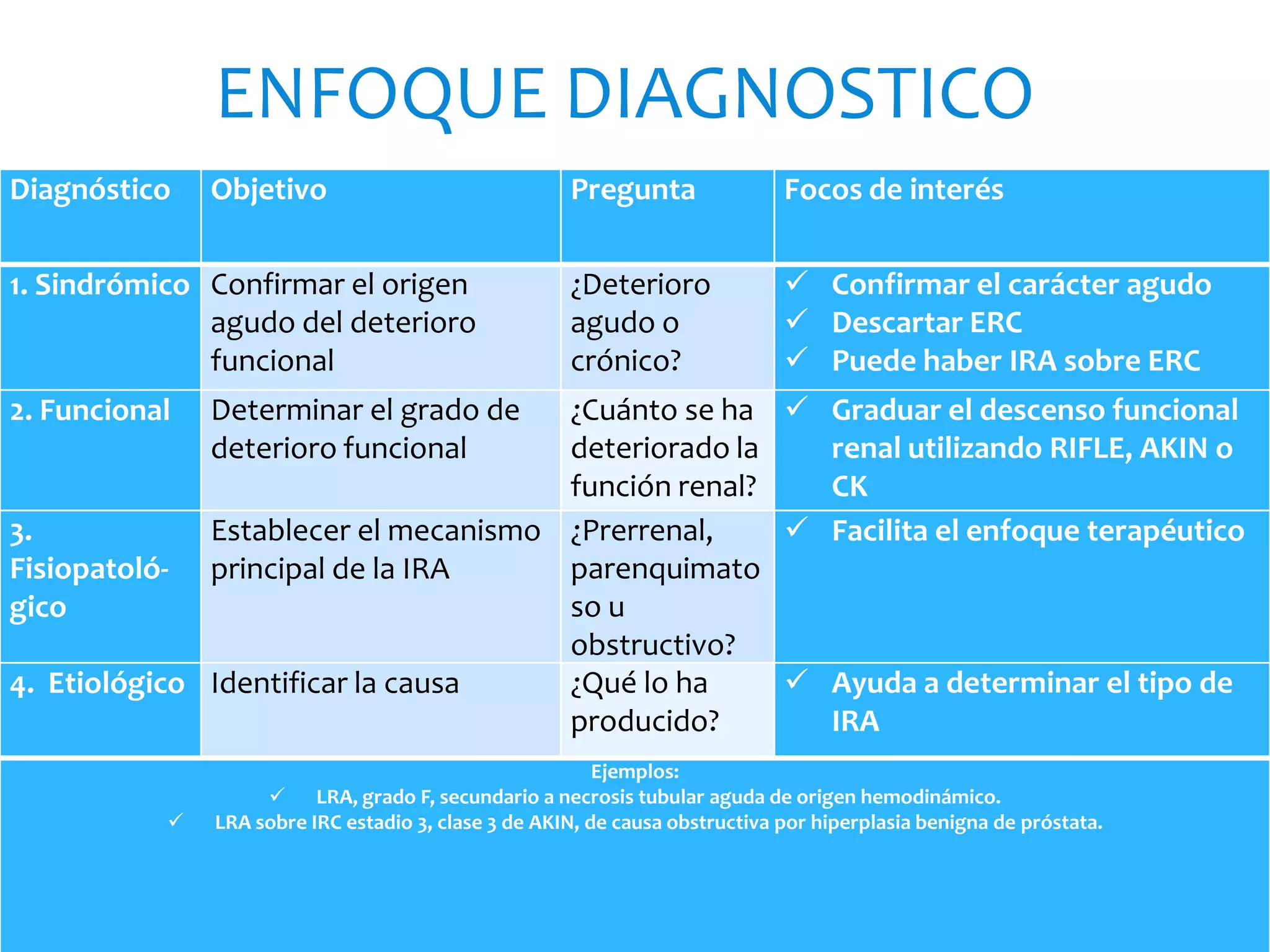 ENFOQUE DIAGNOSTICO
Diagnóstico    Objetivo                               Pregunta                Focos de interés


1. Sindrómico Confirmar el origen                     ¿Deterioro               Confirmar el carácter agudo
              agudo del deterioro                     agudo o                  Descartar ERC
              funcional                               crónico?                 Puede haber IRA sobre ERC
2. Funcional   Determinar el grado de ¿Cuánto se ha  Graduar el descenso funcional
               deterioro funcional    deteriorado la   renal utilizando RIFLE, AKIN o
                                      función renal?   CK
3.            Establecer el mecanismo ¿Prerrenal,     Facilita el enfoque terapéutico
Fisiopatoló- principal de la IRA      parenquimato
gico                                  so u
                                      obstructivo?
4. Etiológico Identificar la causa    ¿Qué lo ha      Ayuda a determinar el tipo de
                                      producido?       IRA
                                                          Ejemplos:
                     LRA, grado F, secundario a necrosis tubular aguda de origen hemodinámico.
              LRA sobre IRC estadio 3, clase 3 de AKIN, de causa obstructiva por hiperplasia benigna de próstata.
 