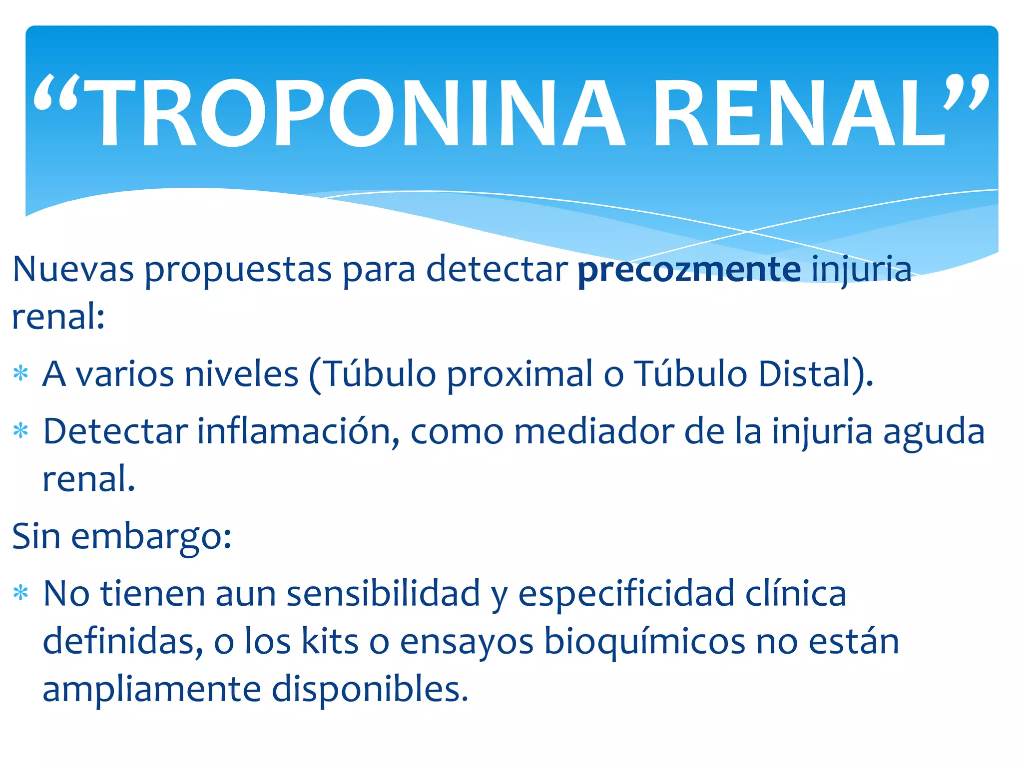 “TROPONINA RENAL”
Nuevas propuestas para detectar precozmente injuria
renal:
  A varios niveles (Túbulo proximal o Túbulo Distal).
  Detectar inflamación, como mediador de la injuria aguda
  renal.
Sin embargo:
  No tienen aun sensibilidad y especificidad clínica
  definidas, o los kits o ensayos bioquímicos no están
  ampliamente disponibles.
 