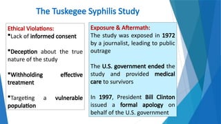 4
The Tuskegee Syphilis Study
Ethical Violations:
Lack of informed consent
Deception about the true
nature of the study
Withholding effective
treatment
Targeting a vulnerable
population
Exposure & Aftermath:
The study was exposed in 1972
by a journalist, leading to public
outrage
The U.S. government ended the
study and provided medical
care to survivors
In 1997, President Bill Clinton
issued a formal apology on
behalf of the U.S. government
 