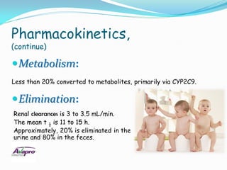 Pharmacokinetics,
(continue)

 Metabolism:
Less than 20% converted to metabolites, primarily via CYP2C9.

 Elimination:
Renal clearances is 3 to 3.5 mL/min.
The mean t ½ is 11 to 15 h.
Approximately, 20% is eliminated in the
urine and 80% in the feces.
 
