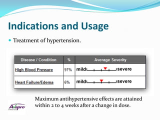 Indications and Usage
 Treatment of hypertension.




          Maximum antihypertensive effects are attained
          within 2 to 4 weeks after a change in dose.
 