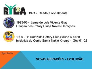 1971 –  RI adota oficialmente 1995-96 –  Lema de Luis Vicente Giay Criação dos Rotary Clubs Novas Gerações1996 –  1º RotaKids Rotary Club Saúde D 4420Iniciativa do Comp Samir Nakle Khoury –  Gov 01-02NOVAS GERAÇÕES - EVOLUÇÃO