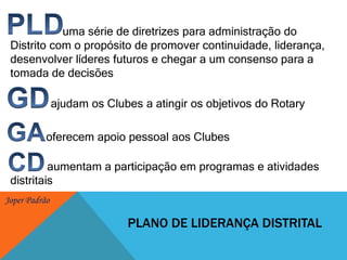 PLD                 uma série de diretrizes para administração do Distrito com o propósito de promover continuidade, liderança, desenvolver líderes futuros e chegar a um consenso para a tomada de decisõesGD            ajudam os Clubes a atingir os objetivos do RotaryGA         oferecem apoio pessoal aos ClubesCD            aumentam a participação em programas e atividades distritaisPLANO DE LIderANÇAdistritaL