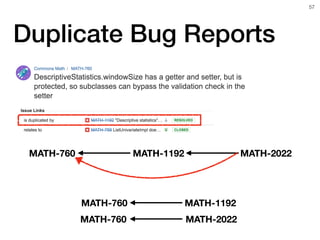Duplicate Bug Reports
MATH-760 MATH-1192 MATH-2022
MATH-760 MATH-1192
MATH-760 MATH-2022
!57
 