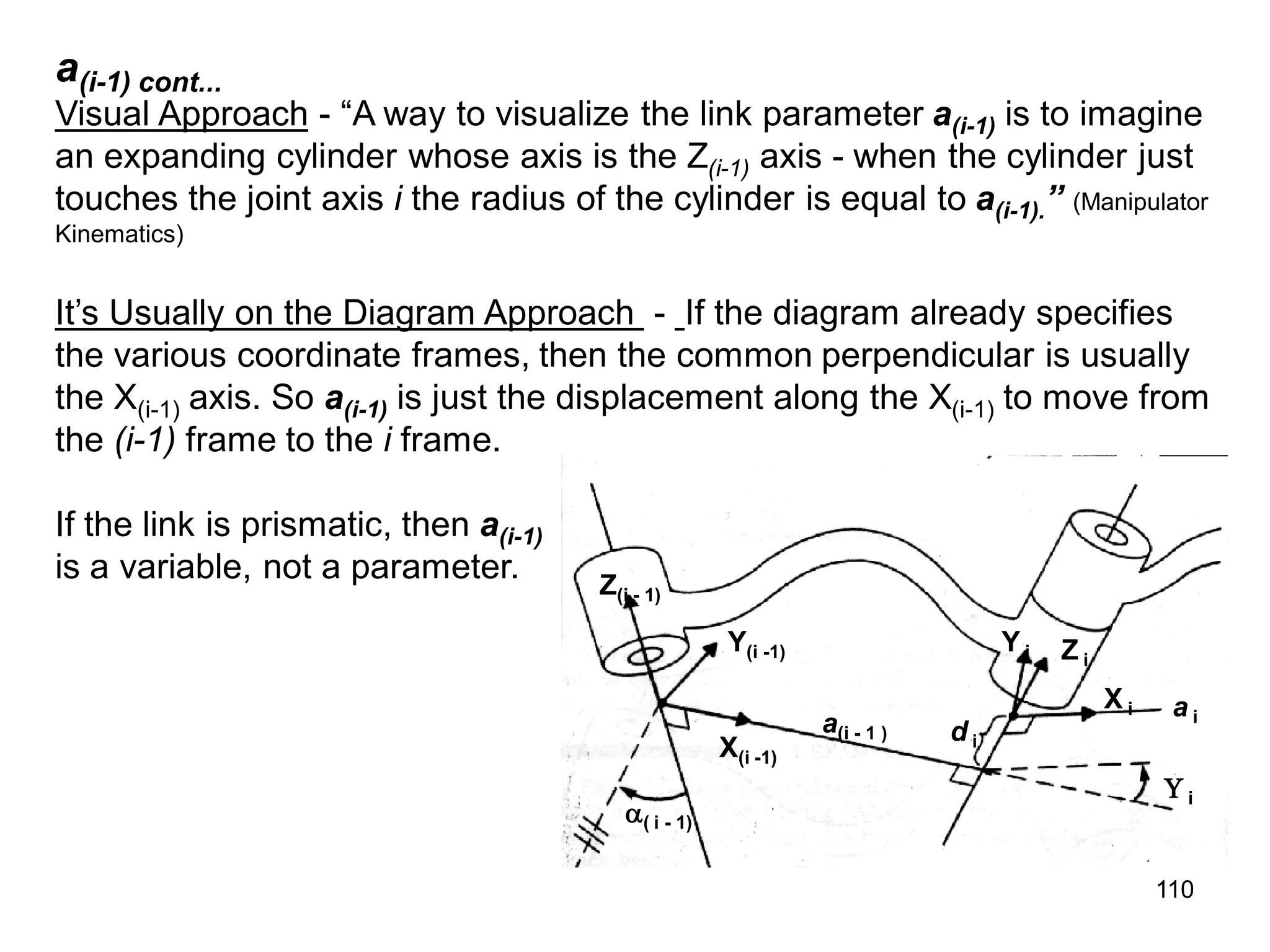 a(i-1) cont...
Visual Approach - “A way to visualize the link parameter a(i-1) is to imagine
an expanding cylinder whose axis is the Z(i-1) axis - when the cylinder just
touches the joint axis i the radius of the cylinder is equal to a(i-1).” (Manipulator
Kinematics)
It’s Usually on the Diagram Approach - If the diagram already specifies
the various coordinate frames, then the common perpendicular is usually
the X(i-1) axis. So a(i-1) is just the displacement along the X(i-1) to move from
the (i-1) frame to the i frame.
If the link is prismatic, then a(i-1)
is a variable, not a parameter. Z(i - 1)
X(i -1)
Y(i -1)
( i - 1)
a(i - 1 )
Z i
Y i
X i a i
d i
 i
110
 