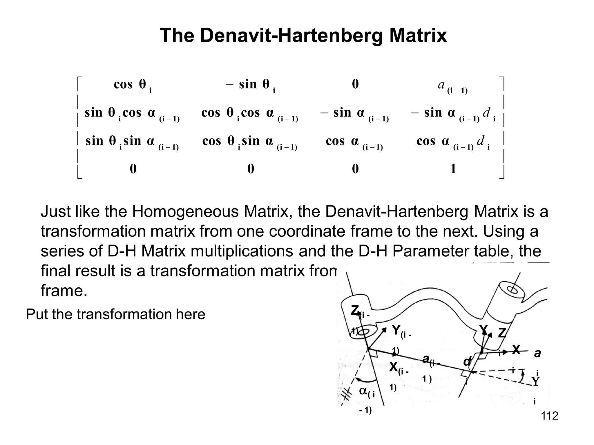 The Denavit-Hartenberg Matrix
























1
0
0
0
cos α
cos α
sin α
cos θ
sin α
sin θ
sin α
sin α
cos α
cos θ
cos α
sin θ
0
sin θ
cos θ
i
1)
(i
1)
(i
1)
(i
i
1)
(i
i
i
1)
(i
1)
(i
1)
(i
i
1)
(i
i
1)
(i
i
i
d
d
a
Just like the Homogeneous Matrix, the Denavit-Hartenberg Matrix is a
transformation matrix from one coordinate frame to the next. Using a
series of D-H Matrix multiplications and the D-H Parameter table, the
final result is a transformation matrix from some frame to your initial
frame.
Z(i -
1)
X(i -
1)
Y(i -
1)
( i
- 1)
a(i -
1 )
Z
i
Y
i X
i
a
i
d
i 
i
Put the transformation here
112
 