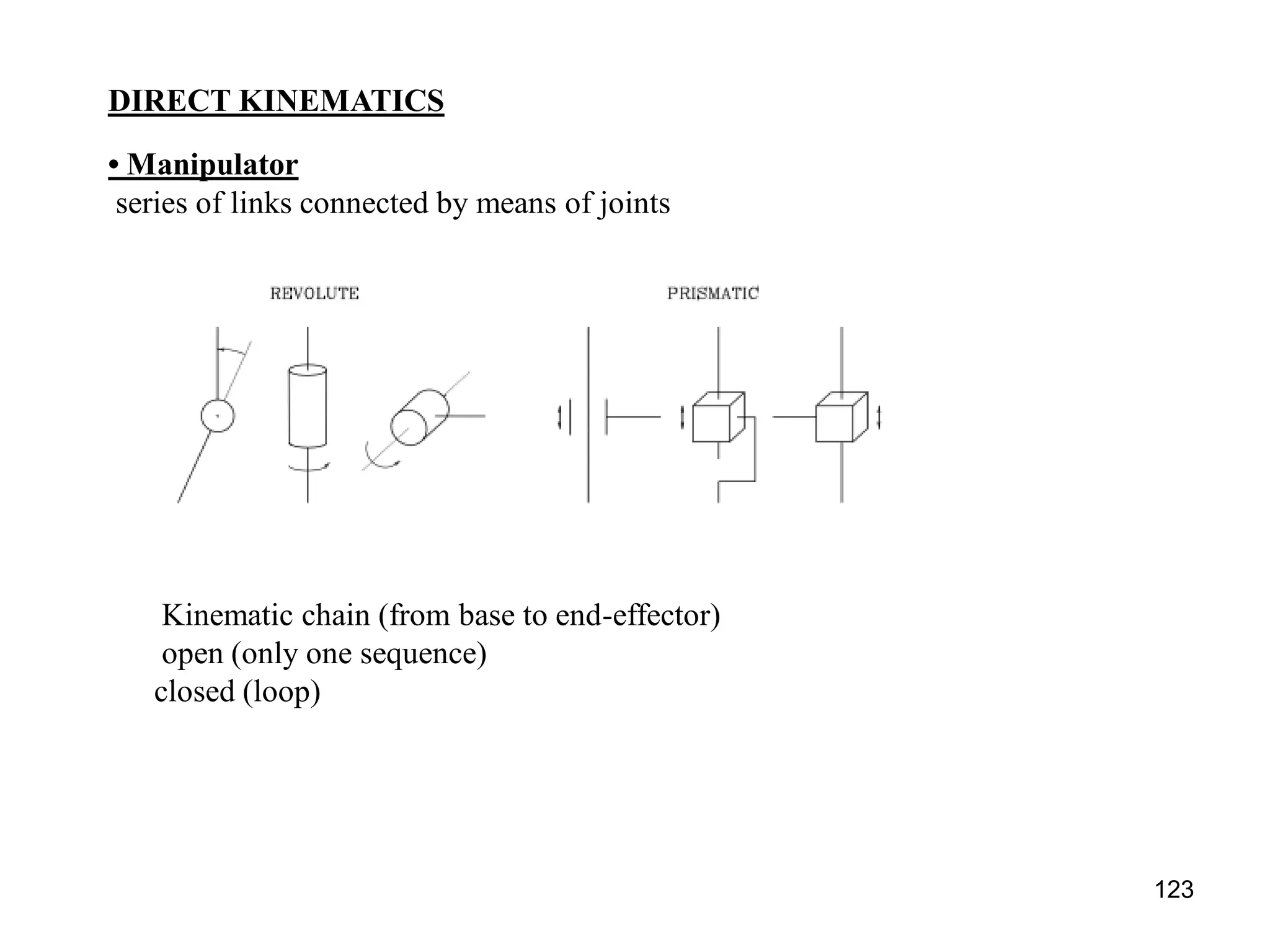 DIRECT KINEMATICS
• Manipulator
series of links connected by means of joints
Kinematic chain (from base to end-effector)
open (only one sequence)
closed (loop)
123
 