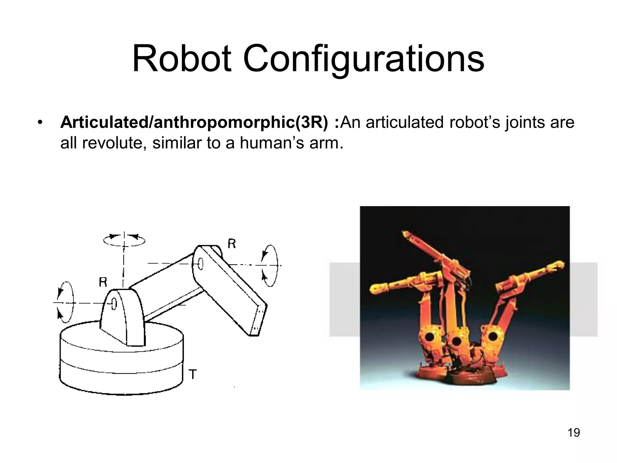 Robot Configurations
• Articulated/anthropomorphic(3R) :An articulated robot’s joints are
all revolute, similar to a human’s arm.
19
 