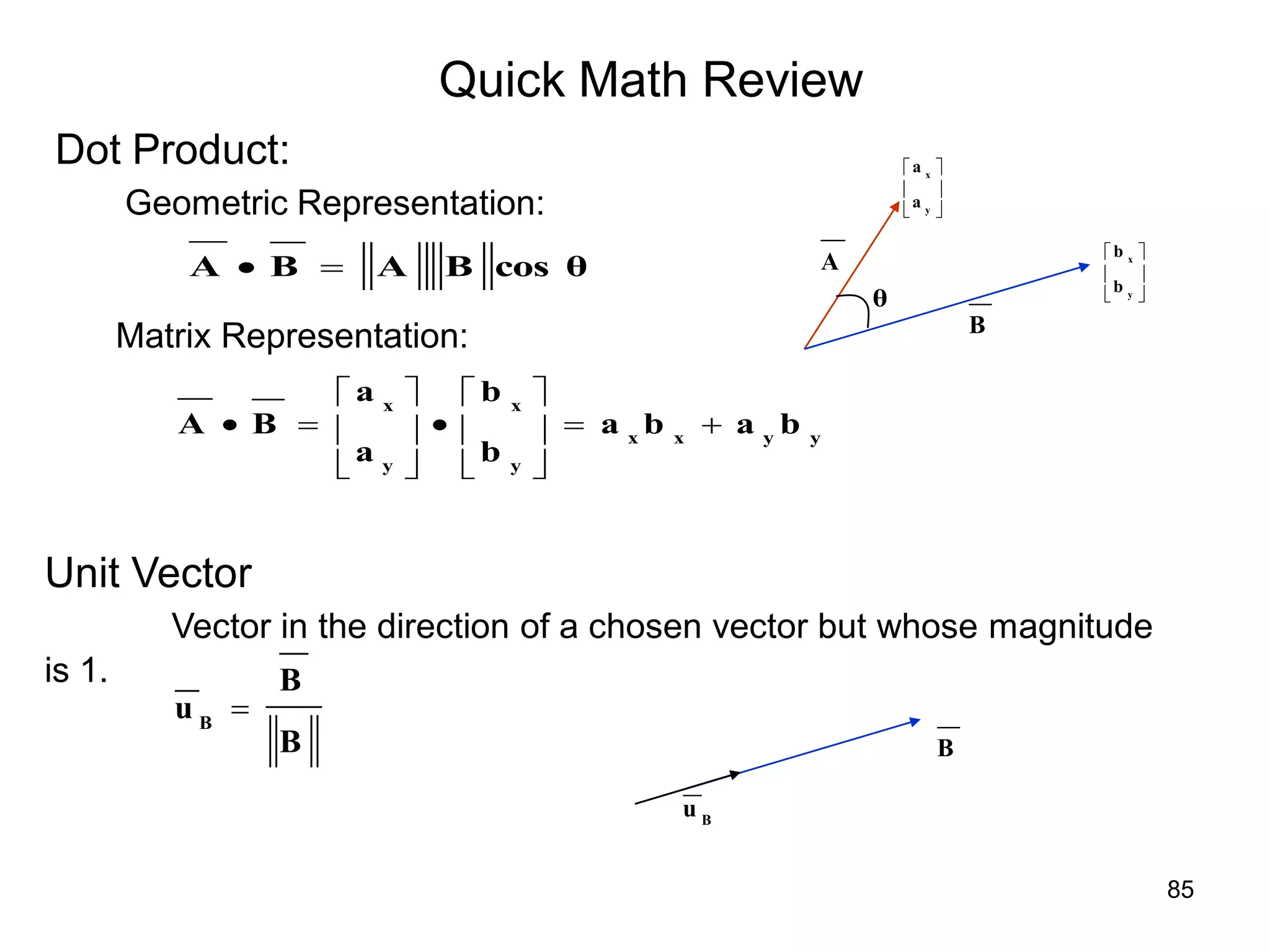 Quick Math Review
Dot Product:
Geometric Representation:
A
B
θ
cos θ
B
A
B
A 

Unit Vector
Vector in the direction of a chosen vector but whose magnitude
is 1.
B
B
u B







y
x
a
a






y
x
b
b
Matrix Representation:
y
y
x
x
y
x
y
x
b
a
b
a
b
b
a
a
B
A 
















B
B
u
85
 