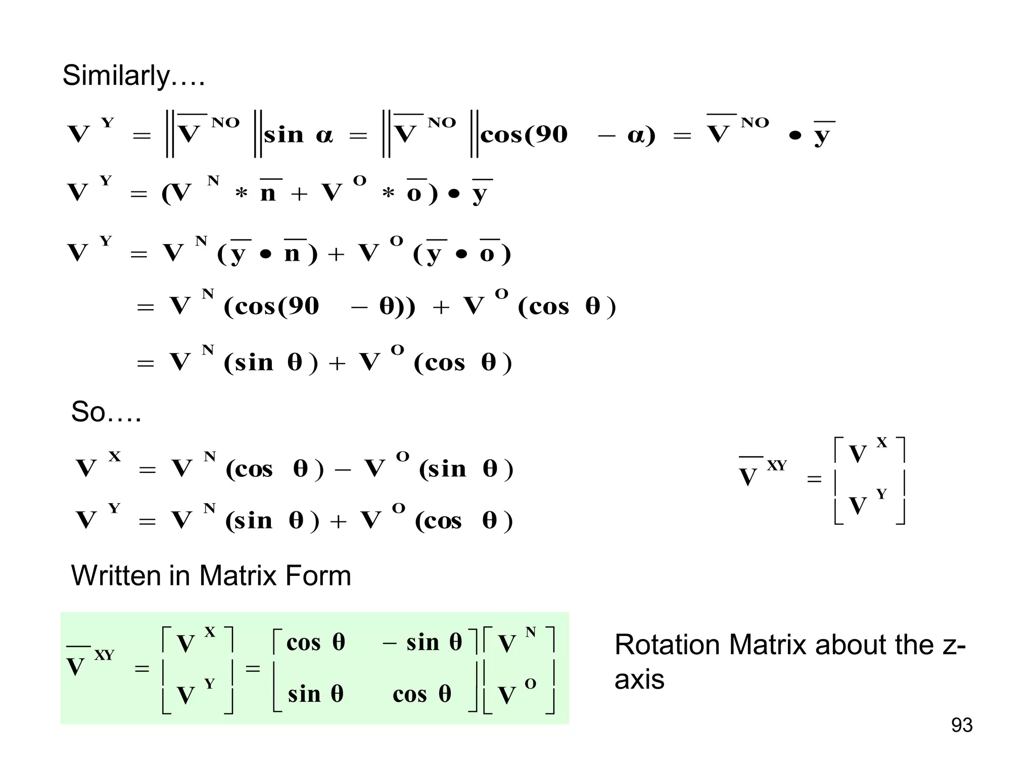 Similarly….
y
V
α)
cos(90
V
sin α
V
V
NO
NO
NO
Y





y
)
o
V
n
(V
V
O
N
Y





)
o
y
(
V
)
n
y
(
V
V
O
N
Y




)
)
)
(cos θ
V
(sin θ
V
(cos θ
V
θ))
(cos(90
V
O
N
O
N





So….
)
) (cos θ
V
(sin θ
V
V
O
N
Y


)
) (sin θ
V
(cos θ
V
V
O
N
X









Y
X
XY
V
V
V
Written in Matrix Form











 








O
N
Y
X
XY
V
V
cos θ
sin θ
sin θ
cos θ
V
V
V
Rotation Matrix about the z-
axis
93
 