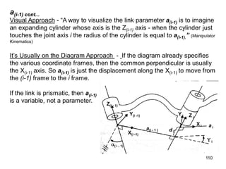 a(i-1) cont...
Visual Approach - “A way to visualize the link parameter a(i-1) is to imagine
an expanding cylinder whose axis is the Z(i-1) axis - when the cylinder just
touches the joint axis i the radius of the cylinder is equal to a(i-1).” (Manipulator
Kinematics)
It’s Usually on the Diagram Approach - If the diagram already specifies
the various coordinate frames, then the common perpendicular is usually
the X(i-1) axis. So a(i-1) is just the displacement along the X(i-1) to move from
the (i-1) frame to the i frame.
If the link is prismatic, then a(i-1)
is a variable, not a parameter. Z(i - 1)
X(i -1)
Y(i -1)
( i - 1)
a(i - 1 )
Z i
Y i
X i a i
d i
 i
110
 