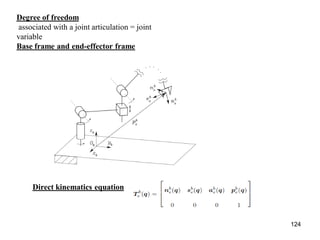 Degree of freedom
associated with a joint articulation = joint
variable
Base frame and end-effector frame
Direct kinematics equation
124
 