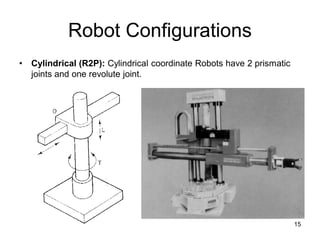 Robot Configurations
• Cylindrical (R2P): Cylindrical coordinate Robots have 2 prismatic
joints and one revolute joint.
15
 