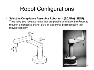 Robot Configurations
• Selective Compliance Assembly Robot Arm (SCARA) (2R1P):
They have two revolute joints that are parallel and allow the Robot to
move in a horizontal plane, plus an additional prismatic joint that
moves vertically
20
 