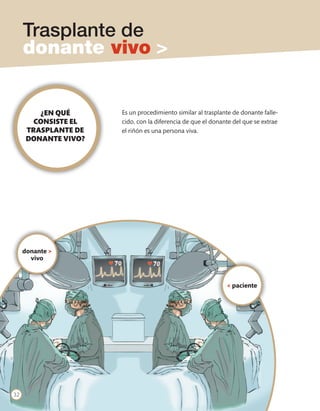 Trasplante de
     donante vivo >


         ¿EN QUÉ      Es un procedimiento similar al trasplante de donante falle-
        CONSISTE EL   cido, con la diferencia de que el donante del que se extrae
      TRASPLANTE DE   el riñón es una persona viva.
      DONANTE VIVO?




     donante >
       vivo



                                                             < paciente




32
 