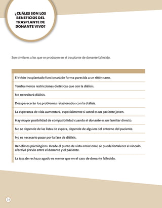¿CUÁLES SON LOS
        BENEFICIOS DEL
        TRASPLANTE DE
       DONANTE VIVO?




     Son similares a los que se producen en el trasplante de donante fallecido.




       El riñón trasplantado funcionará de forma parecida a un riñón sano.

       Tendrá menos restricciones dietéticas que con la diálisis.

       No necesitará diálisis.

       Desaparecerán los problemas relacionados con la diálisis.

       La esperanza de vida aumentará, especialmente si usted es un paciente joven.

       Hay mayor posibilidad de compatibilidad cuando el donante es un familiar directo.

       No se depende de las listas de espera, depende de alguien del entorno del paciente.

       No es necesario pasar por la fase de diálisis.

       Beneficios psicológicos. Desde el punto de vista emocional, se puede fortalecer el vínculo
       afectivo previo entre el donante y el paciente.

       La tasa de rechazo agudo es menor que en el caso de donante fallecido.




34
 