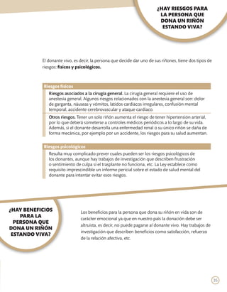 ¿HAY RIESGOS PARA
                                                                         LA PERSONA QUE
                                                                         DONA UN RIÑÓN
                                                                          ESTANDO VIVA?




           El donante vivo, es decir, la persona que decide dar uno de sus riñones, tiene dos tipos de
           riesgos: físicos y psicológicos.



            Riesgos físicos
              Riesgos asociados a la cirugía general. La cirugía general requiere el uso de
              anestesia general. Algunos riesgos relacionados con la anestesia general son: dolor
              de garganta, náuseas y vómitos, latidos cardíacos irregulares, confusión mental
              temporal, accidente cerebrovascular y ataque cardíaco.
              Otros riesgos. Tener un solo riñón aumenta el riesgo de tener hipertensión arterial,
              por lo que deberá someterse a controles médicos periódicos a lo largo de su vida.
              Además, si el donante desarrolla una enfermedad renal o su único riñón se daña de
              forma mecánica, por ejemplo por un accidente, los riesgos para su salud aumentan.

            Riesgos psicológicos
              Resulta muy complicado prever cuales pueden ser los riesgos psicológicos de
              los donantes, aunque hay trabajos de investigación que describen frustración
              o sentimiento de culpa si el trasplante no funciona, etc. La Ley establece como
              requisito imprescindible un informe pericial sobre el estado de salud mental del
              donante para intentar evitar esos riesgos.




¿HAY BENEFICIOS                Los beneficios para la persona que dona su riñón en vida son de
    PARA LA                    carácter emocional ya que en nuestro país la donación debe ser
  PERSONA QUE
                               altruista, es decir, no puede pagarse al donante vivo. Hay trabajos de
DONA UN RIÑÓN
                               investigación que describen beneficios como satisfacción, refuerzo
 ESTANDO VIVA?
                               de la relación afectiva, etc.




                                                                                                         35
 