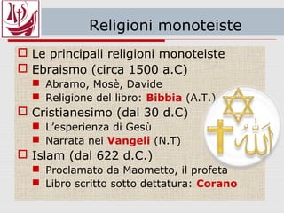 Religioni monoteiste
 Le principali religioni monoteiste
 Ebraismo (circa 1500 a.C)
 Abramo, Mosè, Davide
 Religione del libro: Bibbia (A.T.)
 Cristiandaesimo (dal 30 d.C)
 L’esperienza di Gesù
 Narrata nei Vangeli (N.T)
 Islam (dal 622 d.C.)
 Proclamato da Maometto, il profeta
 Libro scritto sotto dettatura: Corano
 