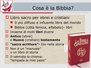 U2 – la Bibbia: un libro da
conoscere
 Che cosa è
 e come si è formata
 Quadro letterario
 I manoscritti di Qumran
 Traduzioni, commenti
 il canone (elenco e indice)
 I primi 5 libri (Pentateuco)
 La Bibbia: parola di Dio
 Approfondiamo:
 con l’arte, la letteratura, le scienze…
 