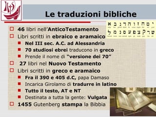 Quadro letterario
 La Bibbia è composta da vari tipi di testi
 Chi scrive è ispirato da Dio
 Vengono chiamanti agiografi
 anche chi scrive le vite dei santi
 Alcuni generi presenti nella Bibbia
 Mitico: leggende, racconti fantastici
 Storico: con criteri ben diversi dai nostri
 Poetico: preghiere, salmi, invocazioni
 Sapienziale: proverbi, insegnamenti
 Giuridico: leggi, testamenti, genealogie
 Profetico: esortazioni, annunci
 