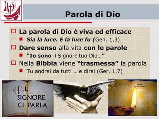 inizio:il Pentateuco
 Sono i libri iniziali della Bibbia
 Non necessariamente i più antichi
 Genesi
 Creazione, inizio della vita e dell’uomo
 Patriarchi: Noè, Abramo… Israele
 Esodo
 Fuga in Egitto, Mosè, fuga, Pasqua
 Levitico, Numeri: documenti del popolo
 Deuteronomio (seconda norma)
 Insieme formano il Pentateuco
 5 Astucci: uno per libro
 Testi Rivelati: manifestati all’uomo da Dio
 