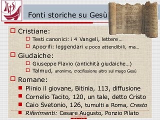 Fonti storiche su Gesù
 Cristiane:
 Testi canonici: i 4 Vangeli, lettere…
 Apocrifi: leggendari e poco attendibili, ma…
 Giudaiche:
 Giuseppe Flavio (antichità giudaiche…)
 Talmud, anonimo, crocifissione altro sul mago Gesù
 Romane:
 Plinio il giovane, Bitinia, 113, diffusione
 Cornelio Tacito, 120, un tale, detto Cristo
 Caio Svetonio, 126, tumulti a Roma, Cresto
 Riferimenti: Cesare Augusto, Ponzio Pilato
 