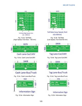 IRC:SP:73-2018
125
Fig. 10.3a Toll Rate
(High Speed, Font Size - 100 mm)
Fig. 10.3b Toll Rate
(Low Speed, Font Size 60 mm)
Fig. 10.4a Cash Lane-Car/LMV Fig. 10.4b Tag Lane-Car/LMV
Fig. 10.4c Cash Lane-Bus/Truck Fig. 10.4d Tag Lane-Bus/Truck
Fig. 10.5a Information Sign Fig. 10.5b Information Sign
 