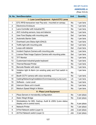 IRC:SP:73-2018
127
Annexure–A
(Para 10.5.3)
Sr. No. Item/Description Unit Quantity
I - Lane Level Equipment - Hybrid ETC Lanes
1 ETC RFID transceiver near Pay-axis - mounted on canopy No 1 per lane
2 Electronics Enclosure No 1 per lane
3 Lane Controller with Industrial PC No 1 per lane
4 AVC including sensors, loop and detector Set 1 per lane
5 User Fare Display with mounting pole Set 1 per lane
6 Automatic Barrier Gate No 1 per lane
7 Overhead Lane Status light (OHLS) No 1 per lane
8 Traffic light with mounting pole Set 1 per lane
9 Loops with detector Set 2 per lane
10 Incident Capture Camera with mounting pole Set 1 per lane
11 License Plate Image Capture Camera with mounting poles Set 1 per lane
12 TFT Monitor No 1 per lane
13 Customized industrial grade keyboard No 1 per lane
14 Thermal Receipt Printer No 1 per lane
15 Barcode Reader with stand No 1 per lane
16 Violation light  Alarm (on existing pole) and Foot switch in
booth No
1 per lane
17 Booth CCTV camera with voice recording No 1 per lane
18 Cabling/Networking/Installation/Commissioning (Lump sum) LS 1 per lane
19 Software – Lane Level No 1 per lane
20 Intercom Slave unit in booth No 1 per lane
21 Medium Speed Weigh In Motion No 1 per lane
II - Plaza Level Equipment
1 Plaza Servers in hot-standby configuration No 1 per plaza
2 Static Weigh Bridge No 2 per plaza
3 Workstations for MIS, Cashup, Audit  LSDU (Lane status
display unit in control room) No 4 per plaza
4 Network Printer No 1 per plaza
5 8 Port Network switch (Layer 3) Job 2 per plaza
6 24 Port Network switch (Layer 3) Job 2 per plaza
 