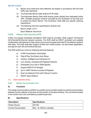 IRC:SP:73-2018
150
v) Barrier arms shall have retro-reflective red stripes in accordance with the local
traffic sign standards.
vi) The Automatic Barrier Gate shall be IP 55 rated.
vii) The Automatic Barrier Gate shall receive power directly from dedicated online
UPS. Suitable protection shall be provided by the Contractor at the load end
to protect the Boom Barrier. The Contractor shall fulfill any specific earthing
requirement.
viii) The following minimum specifications shall be met:
		 Boom Length: 3.5 m
		 Boom Material: Aluminium
1.2.15 Network Video Recorder (NVR)
H.265 Linux-based embedded standalone NVR shall be provided. Shall support 16-Channel
/24-Channel/32-Channel network cameras. The NVR shall be ONVIF compliant and scalable
configuration with features to help users to set up and manage advanced IP surveillance systems
with ease. The NVR shall also support remote and mobile access, via web based application,
and app for both iOS and Android devices.
The NVR shall have minimum following technical features:
a) H.265 Compression Technology
b) Plug  Play One Button Auto Setup
c) Intuitive, Intelligent and Interactive UI
d) Live viewing, recording and Playback features
e) Embedded Linux OS or OEM Specific
f) Support RAID 0/1/5 Storage
g) Up to 12MP Camera Liveview  Playback
h) Dual Lan Network Ports with Failover Function
i) ONVIF Open Platform
1.3 Administrative Area
1.3.1 Master Communication Unit
A) Functions
The master communication unit MCU is a master communication system to control communication
between the fee collector at the lane and the auditor at the plaza building. The unit will be located
in the control room and controlled by auditor/supervisor.
B) Specifications
Description Specifications
Power Source 24V DC
Current Consumption Max. 1A, 80mA in standby
 