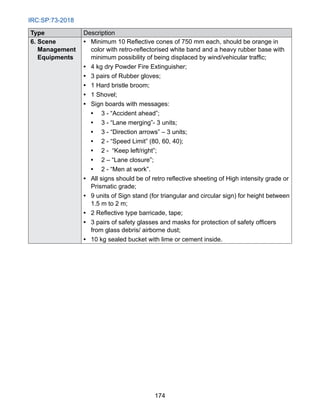 IRC:SP:73-2018
174
Type Description
6. Scene
Management
Equipments
• 
Minimum 10 Reflective cones of 750 mm each, should be orange in
color with retro-reflectorised white band and a heavy rubber base with
minimum possibility of being displaced by wind/vehicular traffic;
• 
4 kg dry Powder Fire Extinguisher;
• 
3 pairs of Rubber gloves;
• 
1 Hard bristle broom;
• 
1 Shovel;
• 
Sign boards with messages:
• 
3 - “Accident ahead”;
• 
3 - “Lane merging”- 3 units;
• 
3 - “Direction arrows” – 3 units;
• 
2 - “Speed Limit” (80, 60, 40);
• 
2 -  “Keep left/right”;
• 
2 – “Lane closure”;
• 
2 - “Men at work”.
• 
All signs should be of retro reflective sheeting of High intensity grade or
Prismatic grade;
• 
9 units of Sign stand (for triangular and circular sign) for height between
1.5 m to 2 m;
• 
2 Reflective type barricade, tape;
• 
3 pairs of safety glasses and masks for protection of safety officers
from glass debris/ airborne dust;
• 
10 kg sealed bucket with lime or cement inside.
 