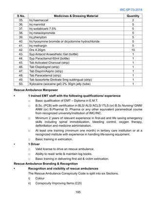 IRC:SP:73-2018
195
S No. Medicines  Dressing Material Quantity
35. Inj haemaccel 2
36. Inj mannitol 5
37. Inj sodabicarb 7.5% 5
38. Inj metaclopromide 5
39. Inj phenytoin 5
40. Inj hyosymine bromide or dicyclomine hydrochloride 5
41. Inj methargin 5
42. Ors 4.20gm 10
43. Syp Antacid Anaesthetic Gel (bottle) 1
44. Syp Paracitamol 60ml (bottle) 1
45. Tab Activated Charcoal (strip) 1
46. Tab Clopidogrel (strip) 1
47. Tab Disprin/Asprin (strip) 1
48. Tab Paracetamol (strip) 1
49. Tab Isosorbrite Dinitrate 5mg sublingual (strip) 1
50. Xylocaine (wocaine gel) 2% 30gm jelly (tube) 1
Rescue Ambulance Manpower
• 1 trained EMT staff with the following qualifications/ experience
□ Basic qualification of EMT – Diploma in E.M.T.
□ B.Sc. (PCB) with certification in BLS/ ALS/ ACLS/ ITLS (or) B.Sc Nursing/ GNM/
ANM (or) B.Pharma/ D. Pharma or any other equivalent paramedical course
from recognized university/institution of IMC/INC.
□ Minimum 2 years of relevant experience in first-aid and life saving emergency
skills including spinal immobilization, bleeding control, oxygen therapy,
defibrillation and medicine administration.
□ At least one training (minimum one month) in tertiary care institution or at a
recognized institute with experience in handling life-saving equipment.
□ Basic training in extrication.
• 1 Driver
□ Valid license to drive an rescue ambulance.
□ Ability to read/ write  maintain log books.
□ Basic training in delivering first aid  victim extrication.
Rescue Ambulance Branding  Recognition
• Recognition and visibility of rescue ambulances
The Rescue Ambulance Conspicuity Code is split into six Sections.
i) Colour
ii) Conspicuity Improving Items (C2I)
 