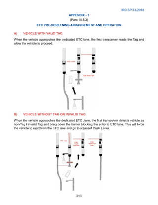 IRC:SP:73-2018
213
Appendix - 1
(Para 10.5.3)
ETC PRE-SCREENING ARRANGEMENT AND OPERATION
A) VEHICLE WITH VALID TAG
When the vehicle approaches the dedicated ETC lane, the first transceiver reads the Tag and
allow the vehicle to proceed.
B) VEHICLE WITHOUT TAG OR INVALID TAG
When the vehicle approaches the dedicated ETC Jane, the first transceiver detects vehicle as
non-Tag I invalid Tag and bring down the barrier blocking the entry to ETC lane. This will force
the vehicle to eject from the ETC lane and go to adjacent Cash Lanes.
 