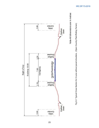 IRC:SP:73-2018
23
Fig
2.2
Typical
Cross
Section
for
2-Lane
without
paved
shoulders,
(Open
Country
Plain/Rolling
Terrain)
 
