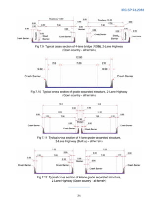 IRC:SP:73-2018
71
Crash Barrier
Steel
Barrier
Steel
Barrier
Roadway 10.50
Roadway 10.50
2.50
2.50
Fig 7.9 Typical cross section of 4-lane bridge (ROB), 2-Lane Highway
(Open country - all terrain)
Fig 7.10 Typical cross section of grade separated structure, 2-Lane Highway
(Open country - all terrain)
10.50
2.50 2.50
10.50
Fig 7.11 Typical cross section of 4-lane grade separated structure,
2-Lane Highway (Built up - all terrain)
2.50
11.00 11.00
2.50
Fig 7.12 Typical cross section of 4-lane grade separated structure,
2-Lane Highway (Open country - all terrain)
Crash Barrier Crash Barrier
 