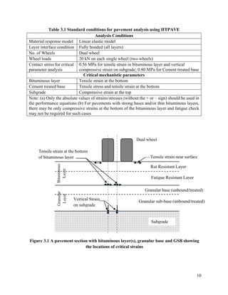 10
Table 3.1 Standard conditions for pavement analysis using IITPAVE
Analysis Conditions
Material response model Linear elastic model
Layer interface condition Fully bonded (all layers)
No. of Wheels Dual wheel
Wheel loads 20 kN on each single wheel (two wheels)
Contact stress for critical
parameter analysis
0.56 MPa for tensile strain in bituminous layer and vertical
compressive strain on subgrade; 0.80 MPa for Cement treated base
Critical mechanistic parameters
Bituminous layer Tensile strain at the bottom
Cement treated base Tensile stress and tensile strain at the bottom
Subgrade Compressive strain at the top
Note: (a) Only the absolute values of strains/stresses (without the + or – sign) should be used in
the performance equations (b) For pavements with strong bases and/or thin bituminous layers,
there may be only compressive strains at the bottom of the bituminous layer and fatigue check
may not be required for such cases
Figure 3.1 A pavement section with bituminous layer(s), granular base and GSB showing
the locations of critical strains
Granular
Layer
Bituminous
Layer
Dual wheel
Tensile strain near surface
Rut Resistant Layer
Fatigue Resistant Layer
Subgrade
Granular base (unbound/treated)
Granular sub-base (unbound/treated)
Tensile strain at the bottom
of bituminous layer
Vertical Strain
on subgrade
 
