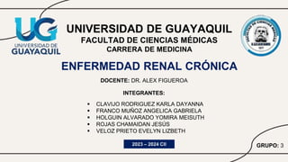 UNIVERSIDAD DE GUAYAQUIL
FACULTAD DE CIENCIAS MÉDICAS
CARRERA DE MEDICINA
ENFERMEDAD RENAL CRÓNICA
DOCENTE: DR. ALEX FIGUEROA
2023 – 2024 CII
INTEGRANTES:
 CLAVIJO RODRIGUEZ KARLA DAYANNA
 FRANCO MUÑOZ ANGELICA GABRIELA
 HOLGUIN ALVARADO YOMIRA MEISUTH
 ROJAS CHAMAIDAN JESÚS
 VELOZ PRIETO EVELYN LIZBETH
GRUPO: 3
 
