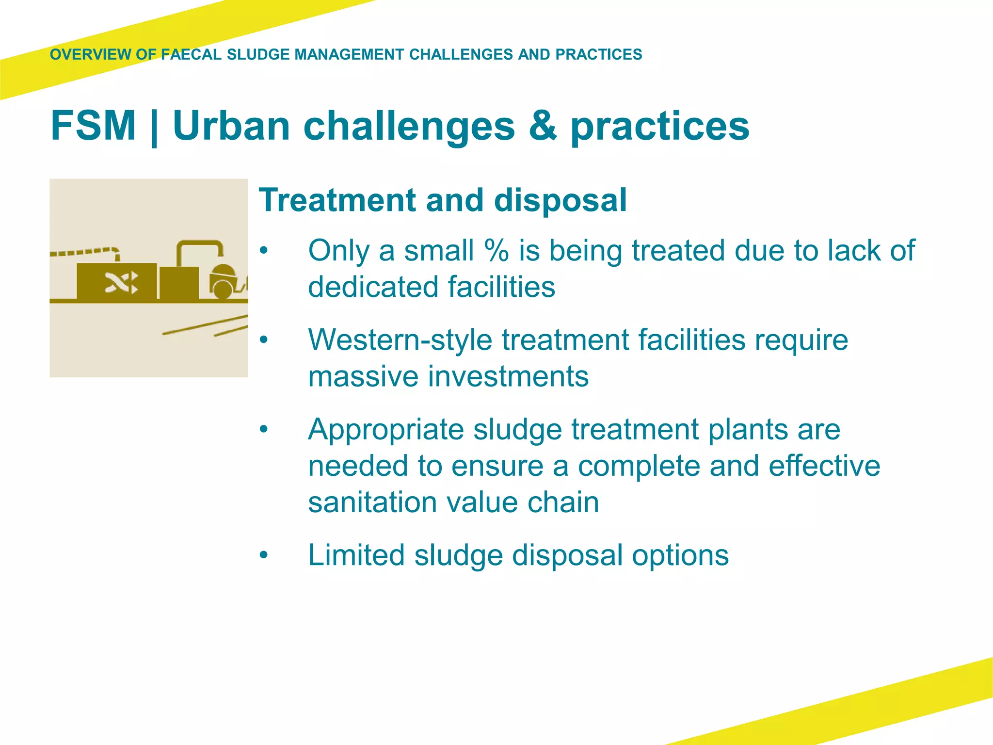 FSM | Urban challenges & practices
Treatment and disposal
• Only a small % is being treated due to lack of
dedicated facilities
• Western-style treatment facilities require
massive investments
• Appropriate sludge treatment plants are
needed to ensure a complete and effective
sanitation value chain
• Limited sludge disposal options
OVERVIEW OF FAECAL SLUDGE MANAGEMENT CHALLENGES AND PRACTICES
 
