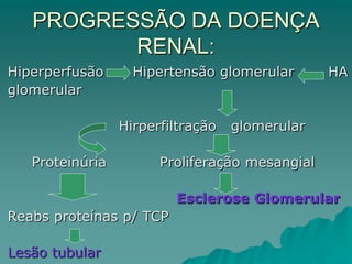 PROGRESSÃO DA DOENÇA
RENAL:
Hiperperfusão Hipertensão glomerular HA
glomerular
Hirperfiltração glomerular
Proteinúria Proliferação mesangial
Esclerose Glomerular
Reabs proteínas p/ TCP
Lesão tubular
 