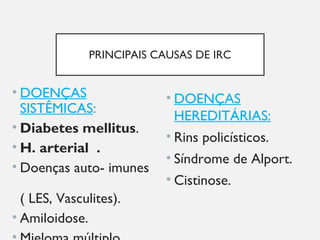 PRINCIPAIS CAUSAS DE IRC
• DOENÇAS
SISTÊMICAS:
• Diabetes mellitus.
• H. arterial .
• Doenças auto- imunes
( LES, Vasculites).
• Amiloidose.
• DOENÇAS
HEREDITÁRIAS:
• Rins policísticos.
• Síndrome de Alport.
• Cistinose.
 