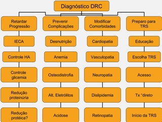 Diagnóstico DRC
Retardar
Progressão
Prevenir
Complicações
Modificar
Comorbidades
Preparo para
TRS
IECA Desnutrição Cardiopatia Educação
AnemiaControle HA Vasculopatia Escolha TRS
Controle
glicemia
Osteodistrofia Neuropatia Acesso
Redução
proteinúria
Alt. Eletrólitos Dislipidemia Tx “direto”
Redução
protéica?
Acidose Retinopatia Início da TRS
 