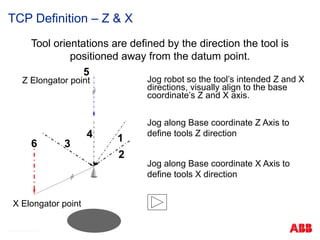 © ABB Robotic May 8, 2017
1
3
6
5
4
Jog robot so the tool’s intended Z and X
directions, visually align to the base
coordinate’s Z and X axis.
Jog along Base coordinate Z Axis to
define tools Z direction
Jog along Base coordinate X Axis to
define tools X direction
Z Elongator point
2
Tool orientations are defined by the direction the tool is
positioned away from the datum point.
X Elongator point
TCP Definition – Z & X
 