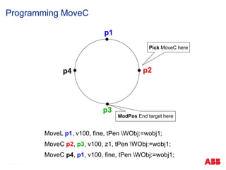 © ABB Robotic May 8, 2017
Programming MoveC
p1
p2
p3
p4
ModPos End target here
Pick MoveC here
MoveL p1, v100, fine, tPen WObj:=wobj1;
MoveC p2, p3, v100, z1, tPen WObj:=wobj1;
MoveC p4, p1, v100, fine, tPen WObj:=wobj1;
 