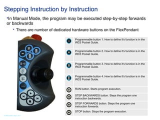 Stepping Instruction by Instruction
In Manual Mode, the program may be executed step-by-step forwards
or backwards
 There are number of dedicated hardware buttons on the FlexPendant
Programmable button 1. How to define it's function is in the
IRC5 Pocket Guide.
Programmable button 2. How to define it's function is in the
IRC5 Pocket Guide.
Programmable button 3. How to define it's function is in the
IRC5 Pocket Guide.
Programmable button 4. How to define it's function is in the
IRC5 Pocket Guide.
RUN button. Starts program execution.
STEP BACKWARDS button. Steps the program one
instruction backwards.
STEP FORWARDS button. Steps the program one
instruction forwards.
STOP button. Stops the program execution.
© ABB Robotic May 8, 2017
 