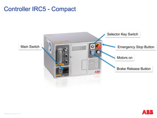 Controller IRC5 - Compact
© ABB Robotic May 8, 2017
Main Switch Emergency Stop Button
Motors on
Selector Key Switch
Brake Release Button
 