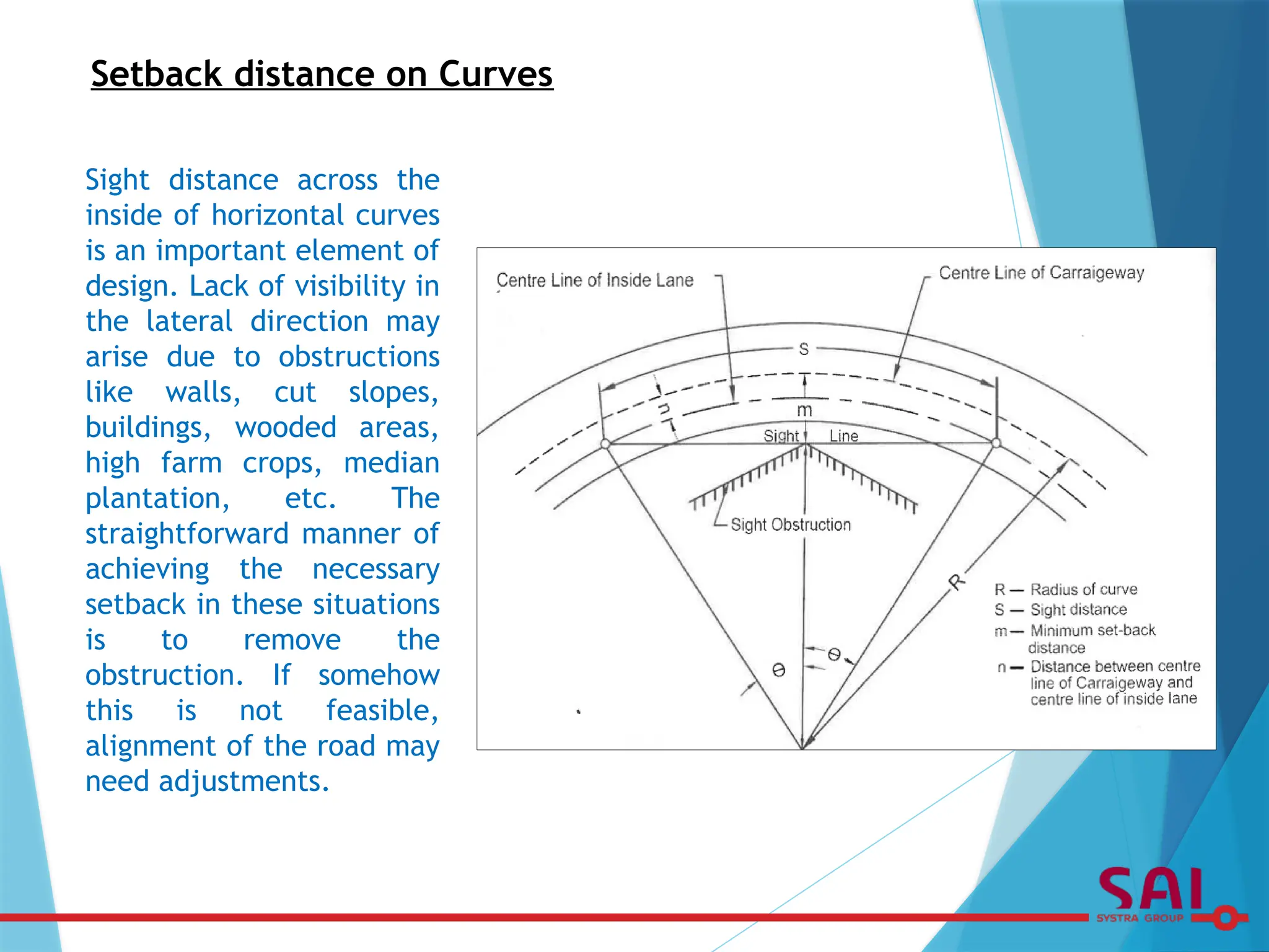 Setback distance on Curves
Sight distance across the
inside of horizontal curves
is an important element of
design. Lack of visibility in
the lateral direction may
arise due to obstructions
like walls, cut slopes,
buildings, wooded areas,
high farm crops, median
plantation, etc. The
straightforward manner of
achieving the necessary
setback in these situations
is to remove the
obstruction. If somehow
this is not feasible,
alignment of the road may
need adjustments.
 